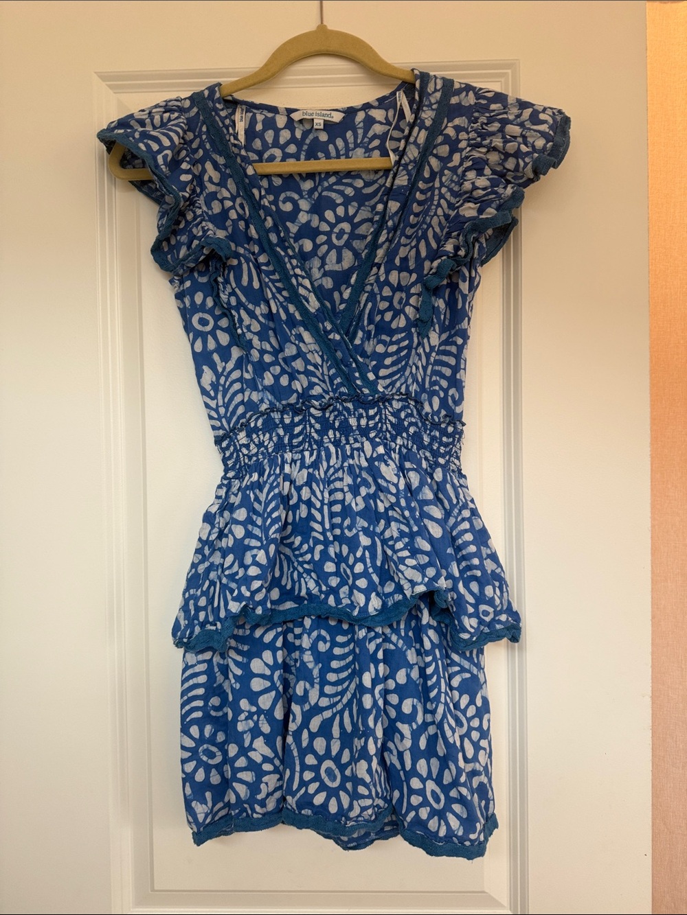 blue island Blue and White Floral Wrap-Style Tiered Dress